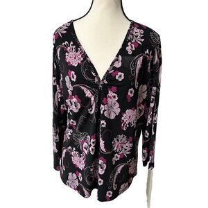 Apostrophe Women’s Size 16-18W Floral Blouse Black Pink Liquid Knit B44